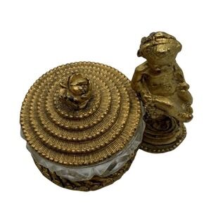Vintage Bohemia Glass Cut Crystal Trinket Box Ormolu Lid + Cherub Figurine